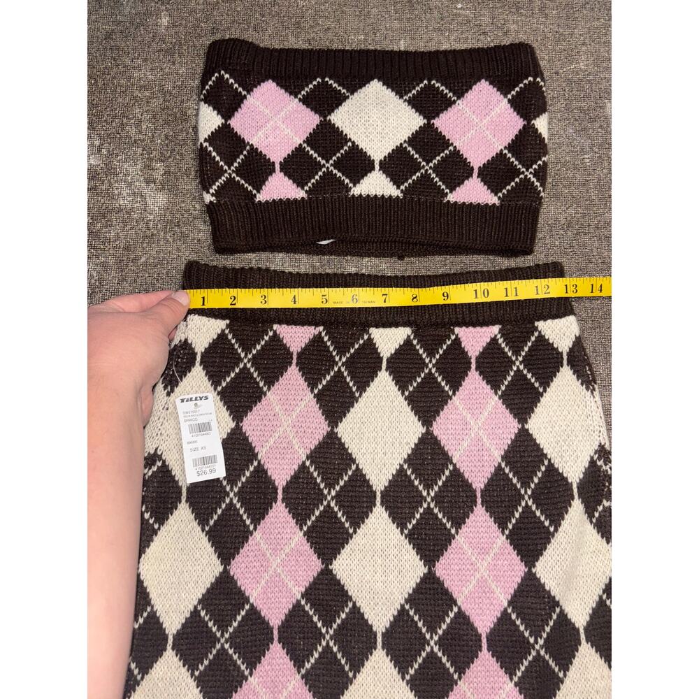 Tilly’s women’s brown argyle sweater tube top and skirt outfit set NWT (XS) - Picture 2 of 8